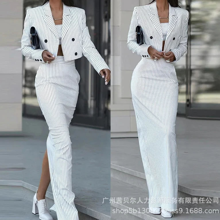 Pencil Skirt Midi - Striped Blazer Coat & Slit Skirt