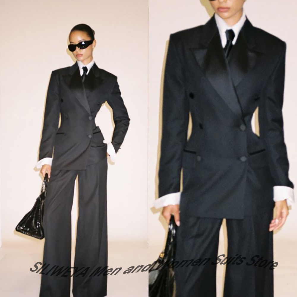 Women Formal Wear Pants - Professional Women's Black Double-Breasted Suit Slim
