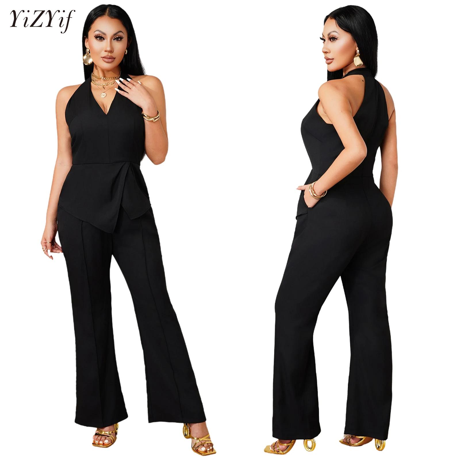 Women Formal Wear Pants - Sleeveless V-neck Jumpsuit Asymmetric Draped Overlay
